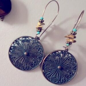 NWOT Earrings Coppery disks w patina, Jasper stone, tiny beads long ear wires
